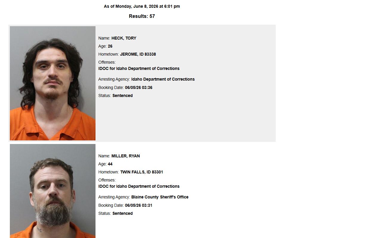 Blaine County inmate population roster with mugshots and booking details