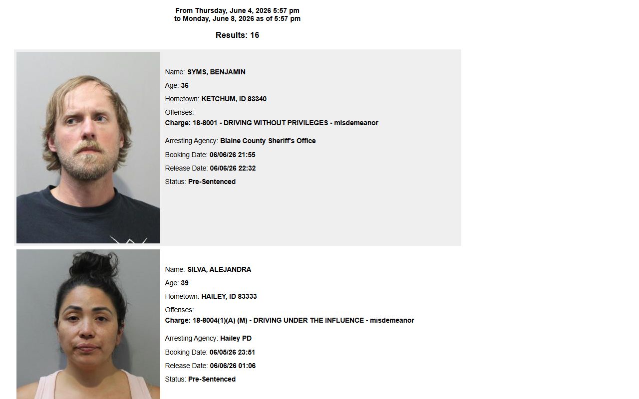 Blaine County recent arrest mugshots with booking and release dates