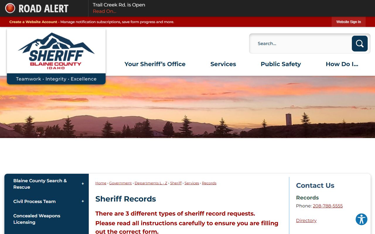 Blaine County inmate records sheriff public records request page